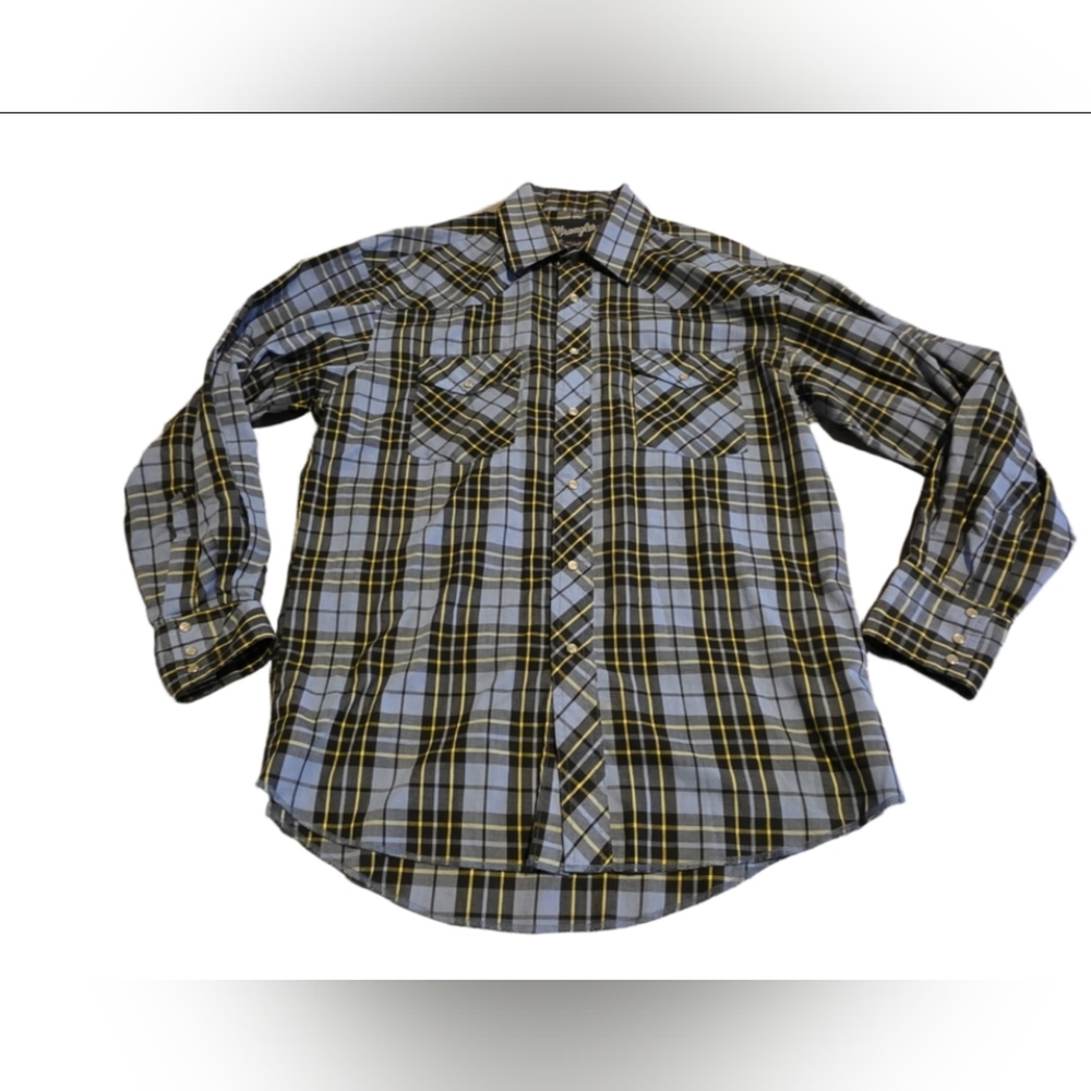 Wrangler Blue Plaid Snap Front Western Shirt Extra Long Tails Size 15 1/2 M